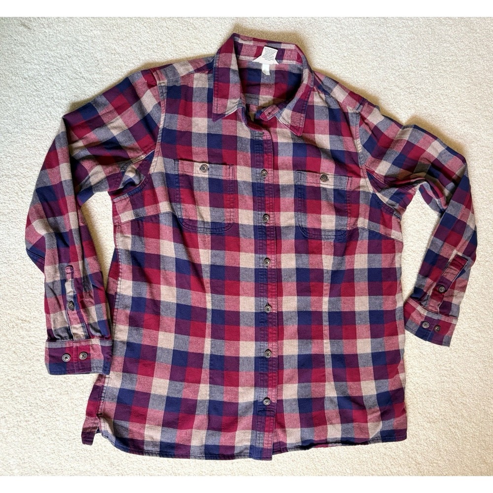 Duluth Trading Co Shirt Women Large Free Swingin Flannel Plaid Red Blue